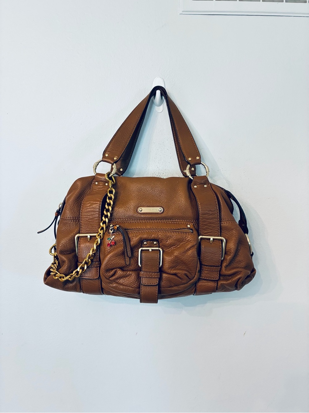 Michael Kors Brown Pebbled Leather Satchel Shoulder Bag Gold chain cherry charm